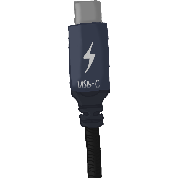 A minimally shaded USB-C cable with a dark blue-gray cable base. It has the lightning bolt symbol to indicate a fast device charger.